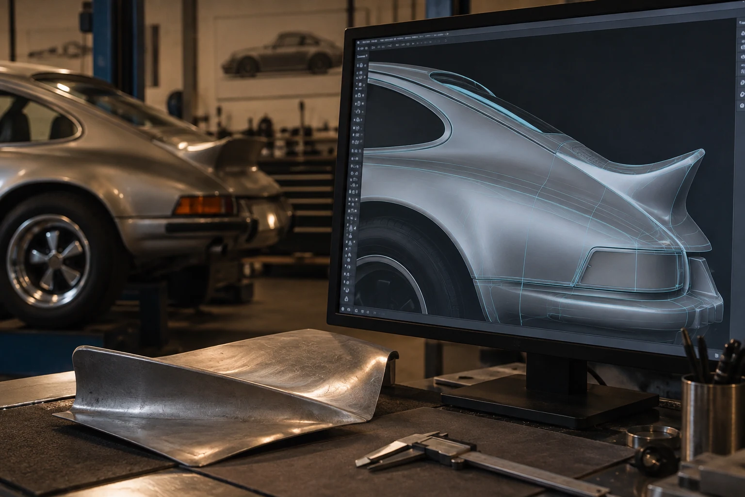 Illustrative image: CAD surface reconstruction of a rear quarter panel