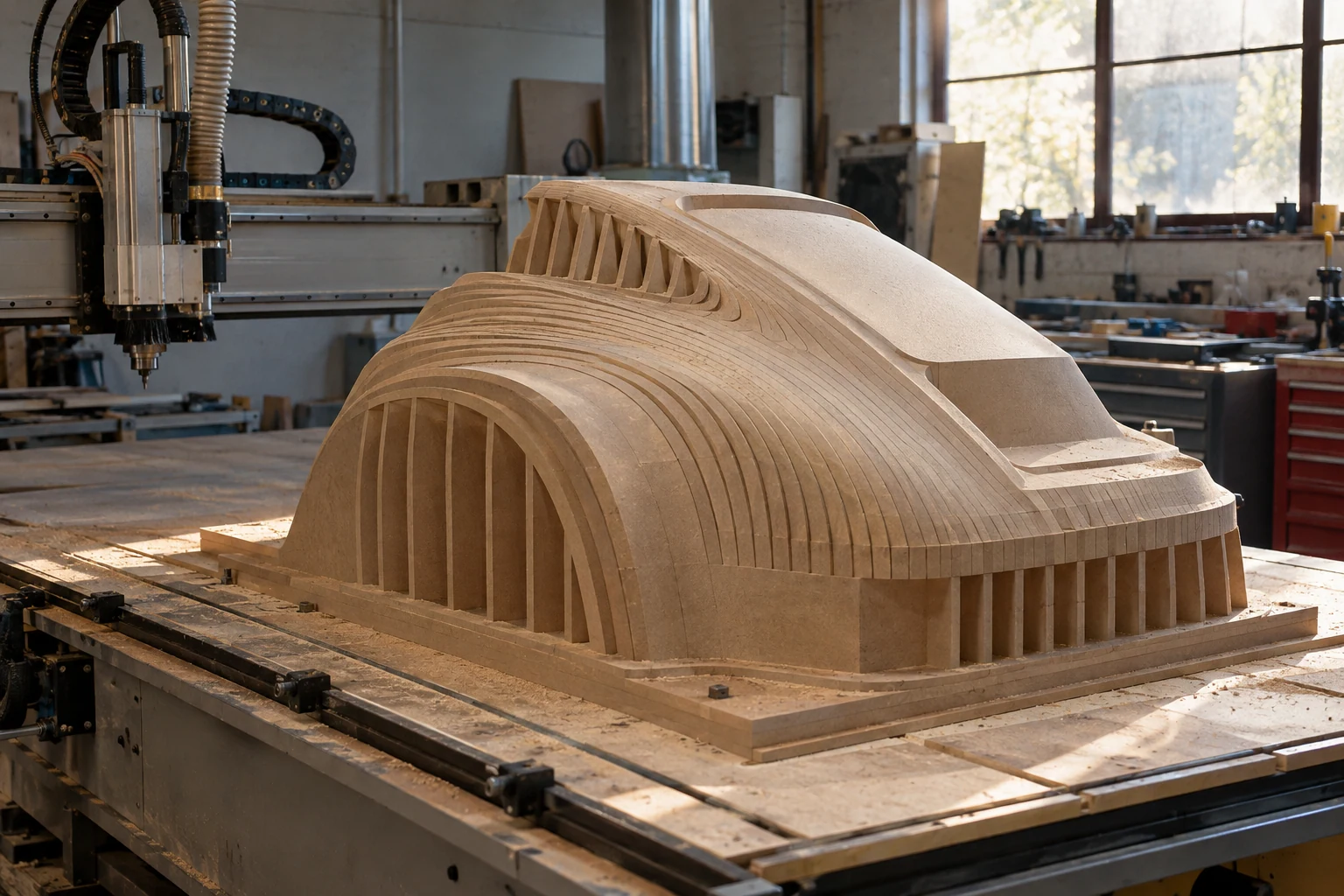 Illustrative image: CNC-machined forming buck in layered MDF