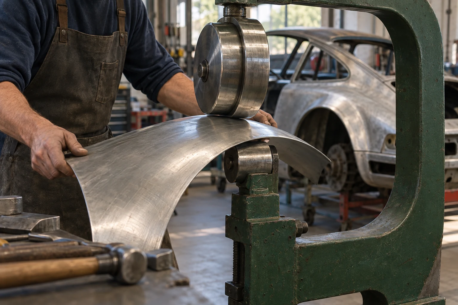 Illustrative image: English wheel forming a rear quarter panel