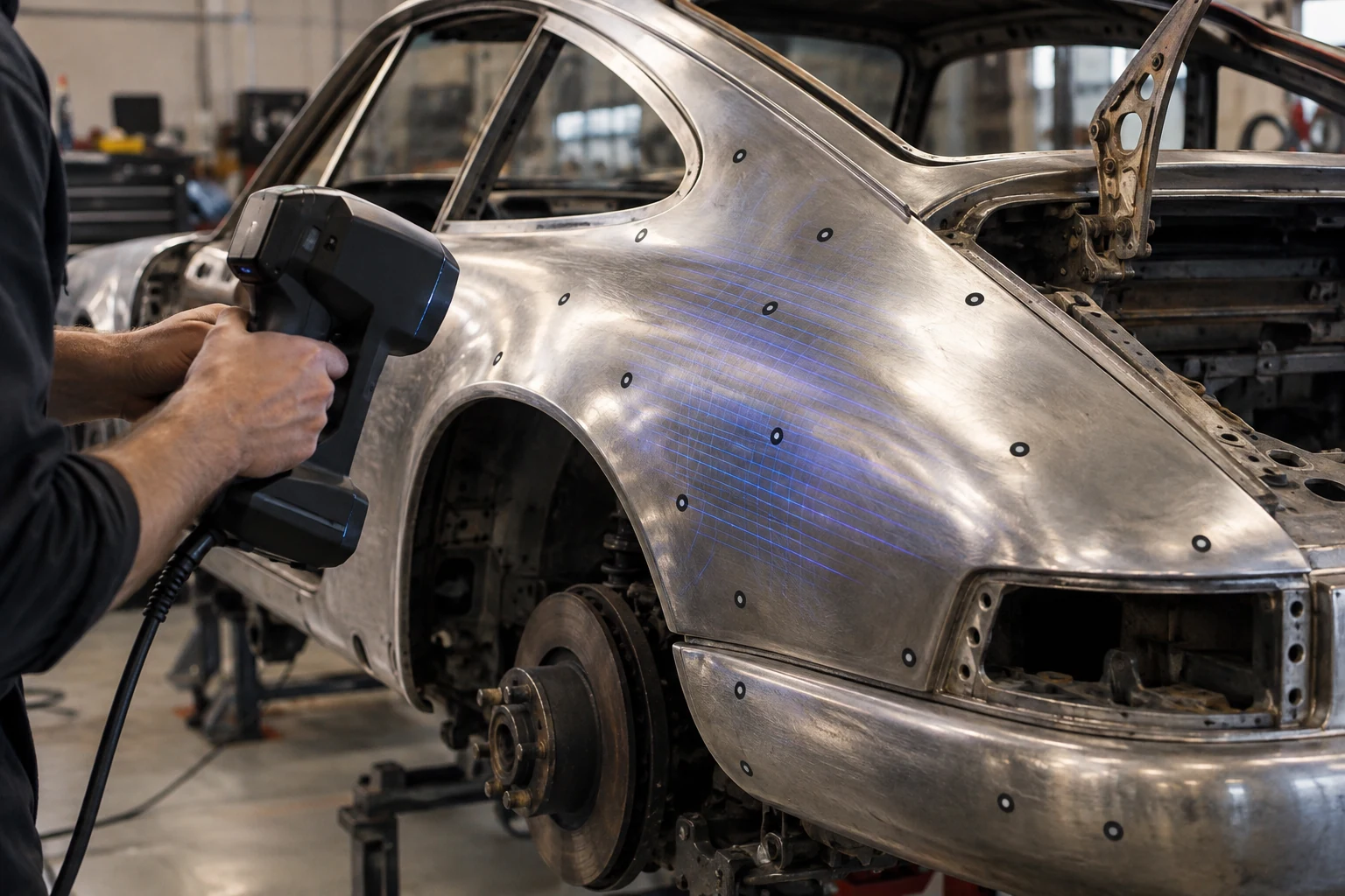 Illustrative image: Handheld 3D scanner sweeping a 911 rear quarter panel